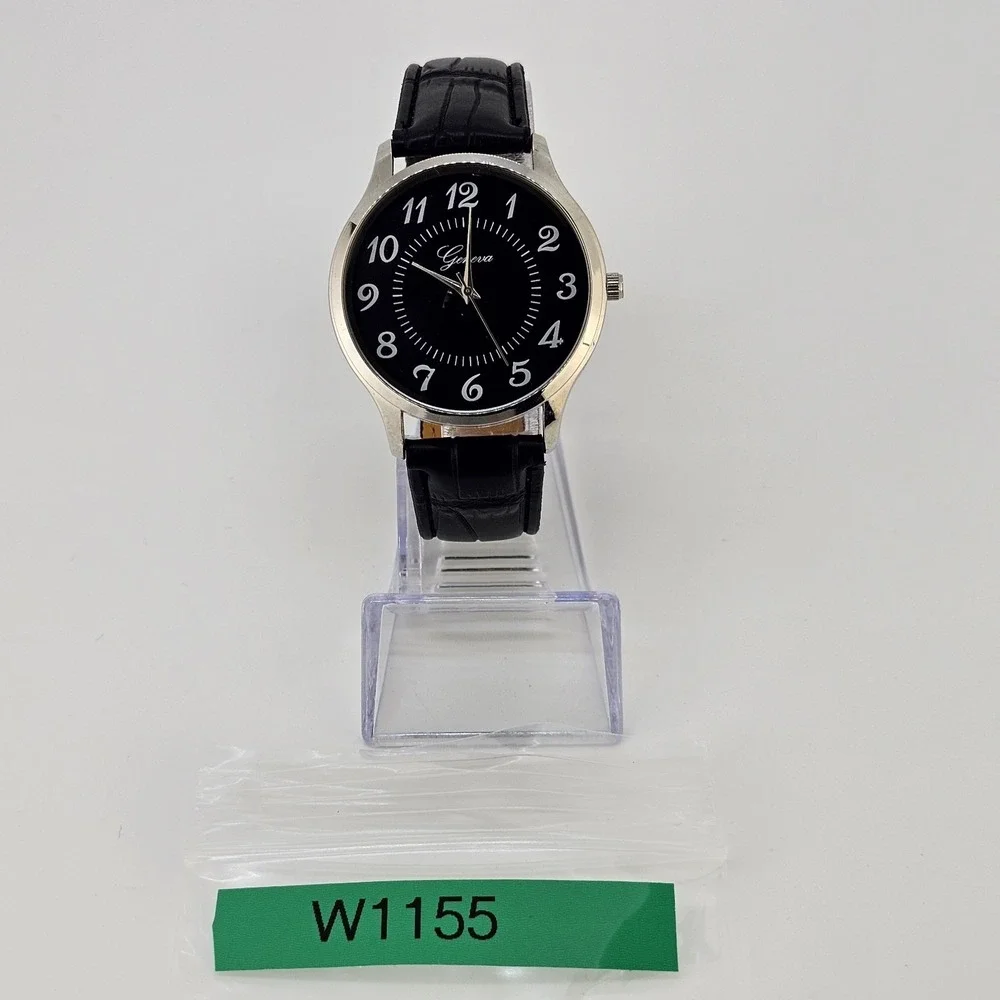 Men Easy Read Watch Analog 40MM Black Dial Black‎ Faux Leather Bands New Battery